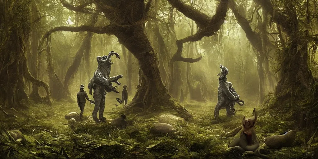Prompt: an astronaut comes across a strange creature in a forest, a detailed matte painting by frieke janssens, featured on cgsociety, fantasy art, matte painting, reimagined by industrial light and magic, matte drawing