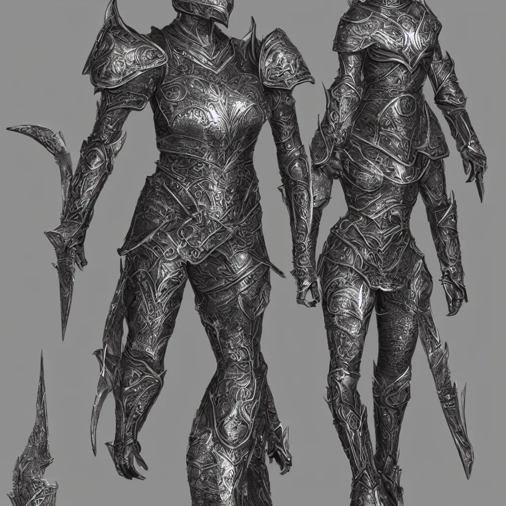 Image similar to concept layout of 3 d rendered full suit of decorative female armor, filigree, lord of the rings, elder scrolls, detailed, art station, unreal engine