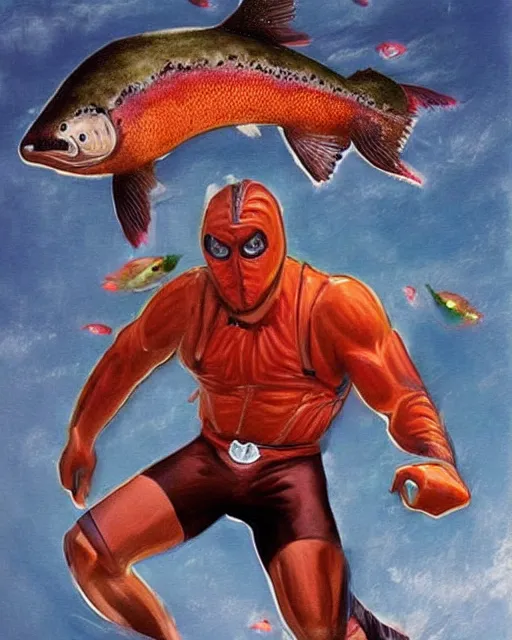 Prompt: salmon man, the half - man half - salmon superhero