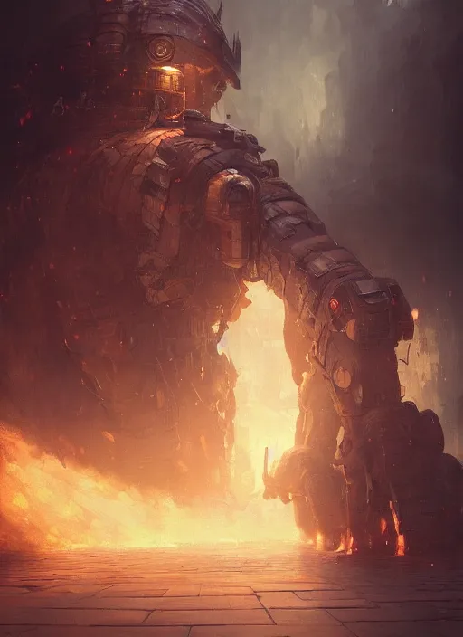 Image similar to a photorealistic dramatic hyperrealistic render of an armored fire golem by wlop, greg rutkowski, alphonse mucha, beautiful dynamic dramatic dark moody lighting, shadows, cinematic atmosphere, artstation, concept design art, octane render, 8 k