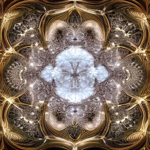 Image similar to a beautiful 3 d painting of a sprawling intricate mandelbrot fractal cathedral populated by julia fractals by android jones, carved soap, white color scheme, volumetric lighting, dynamic lighting, dramatic lighting, high contrast, depth of field, carved marble, opalescent, sacred geometry, religious, angelic, catholicpunk, stark, trending on artstation