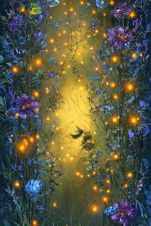 Prompt: beautiful digital matte painting of whimsical botanical illustration black and blue flowers with fireflies enchanted dark background dark contrast by android jones