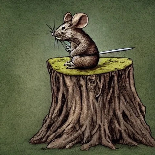 Prompt: Mouse Guard sits on a stump holding a sword, in deep forest, many trees around, by rivuletpaper, rivuletpaper art, Mouse Guard by David Petersen, mouse photo, small details, realistic illustration,