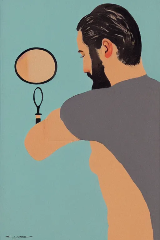 Image similar to man looking at his reflection in the mirror, 1960’s minimalist advertising illustration, painterly, expressive brush strokes