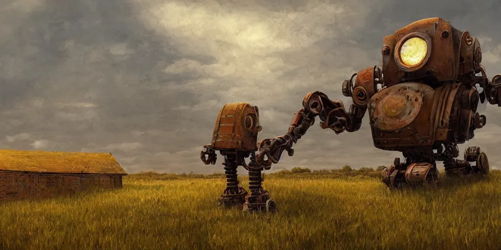 Image similar to a single colossal rusty old robot sad and alone in an empty field in the countryside with a barn on a bright sunny day by mike allred and moebiusand karol bak sharp digital painting. dreaming latent space. matte painting, concept art. artstation. digital render. realistic, 8 k