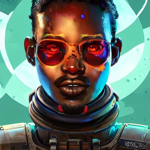 Image similar to a menacing somali space pirate, Apex Legends character digital illustration portrait design, by android jones, detailed, cinematic lighting, wide angle action dynamic portrait