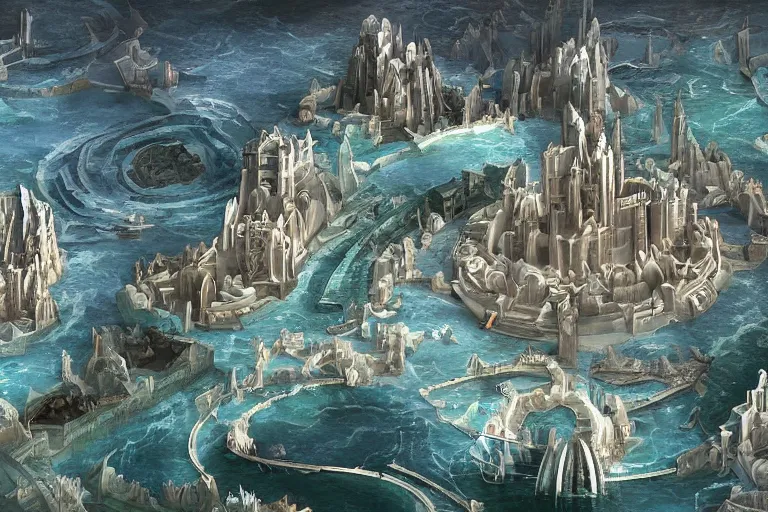 Image similar to atlantis with different levels and layers, connected by many bridges, clean, utopian, white, concept art, digital painting by shaddy safadi