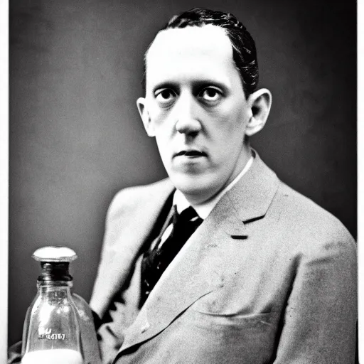 Image similar to hp lovecraft as a milk man, photography, black and white, 8 k,