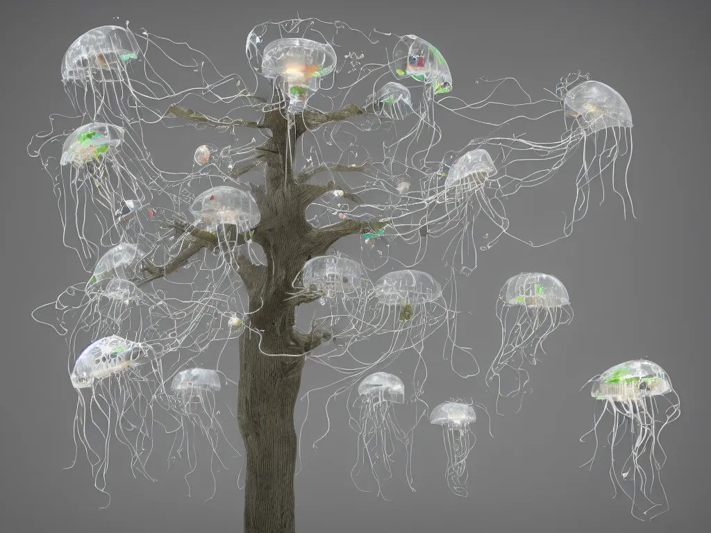 Prompt: 8 k, surrealistic, sharp focus, super resolution, side view a group of robot mechanical sense jellyfish growing form tree branch, c 4 d, cleaning future, highly quality penetrating feeling bright light, cg, cyberpunk, symmetric, style by andy warhol