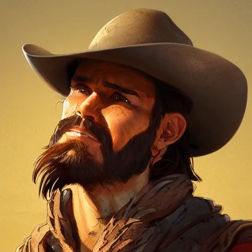 Prompt: rugged bearded cowboy, painted character portrait, highly detailed, digital painting, artstation, concept art, sharp focus, illustration, art by artgerm and greg rutkowski and alphonse mucha