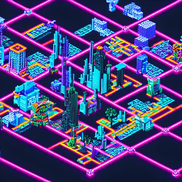 Image similar to voxel art of a cyberpunk blockchain city, chains connecting separate blocks, blockchain, symmetry, intricate, volumetric lighting, beautiful, rich deep colors masterpiece, sharp focus, ultra detailed, in the style of dan mumford and marc simonetti