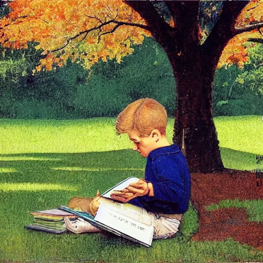 Prompt: a young boy reading a book about nuclear power sat in a public park, a sense of awe, warm dappled light, trees, over the shoulder shot, in the style of norman rockwell