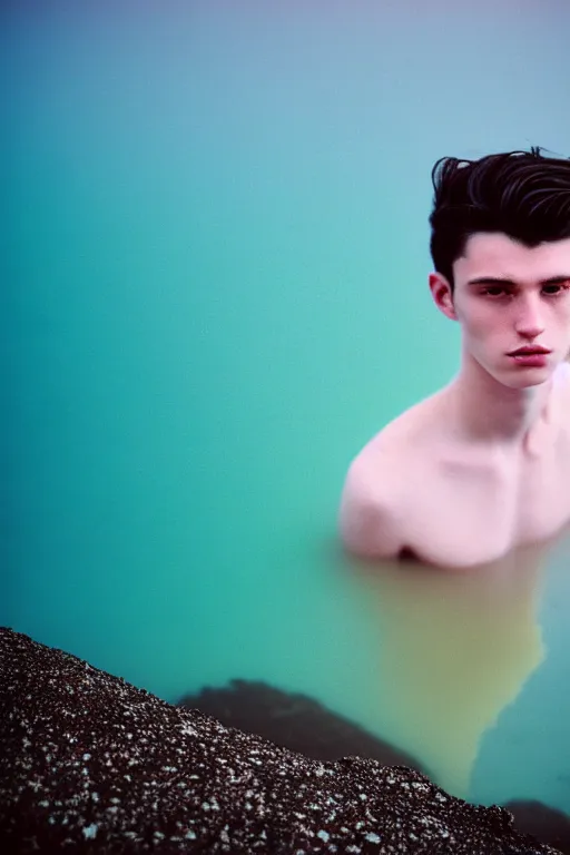 Image similar to high quality pastel coloured film mid angle docu photograph of a beautiful young 2 0 year old male, soft features, short black hair, resting in an icelandic black rock pool environment. atmospheric. three point light. photographic. art directed. ( pastel colours ). volumetric light. clearcoat. waves glitch. 8 k. filmic.