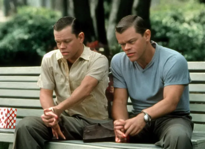 Image similar to film still of matt damon as forrest gump sitting on a bench with a box of chocolates in forrest gump, 4 k