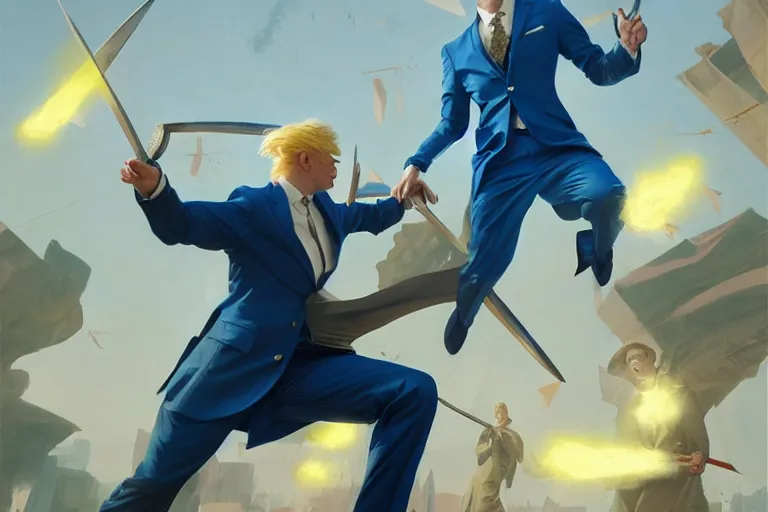 Image similar to a blond man in a blue suit attacked by flying swords, organic painting, sunny day, matte painting, bold shapes, hard edges, street art, trending on artstation, by huang guangjian, gil elvgren, ruan jia, randy vargas, greg rutkowski