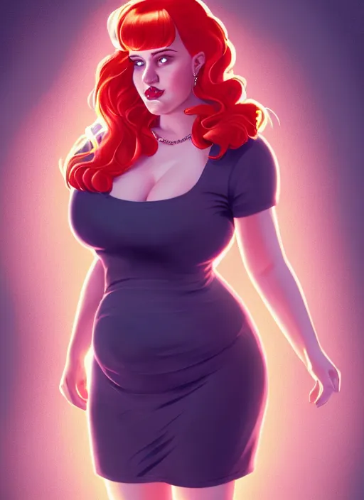 Image similar to full body portrait of teenage cheryl blossom, obese, bangs, green eyes, sultry, realistic, red hair, sultry smirk, wavy hair, pink skirt, fat, intricate, elegant, glowing lights, highly detailed, digital painting, artstation, concept art, smooth, sharp focus, illustration, art by wlop, mars ravelo and greg rutkowski