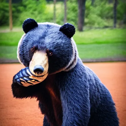 Prompt: bear playing baseball on the magician team, realistic, photography