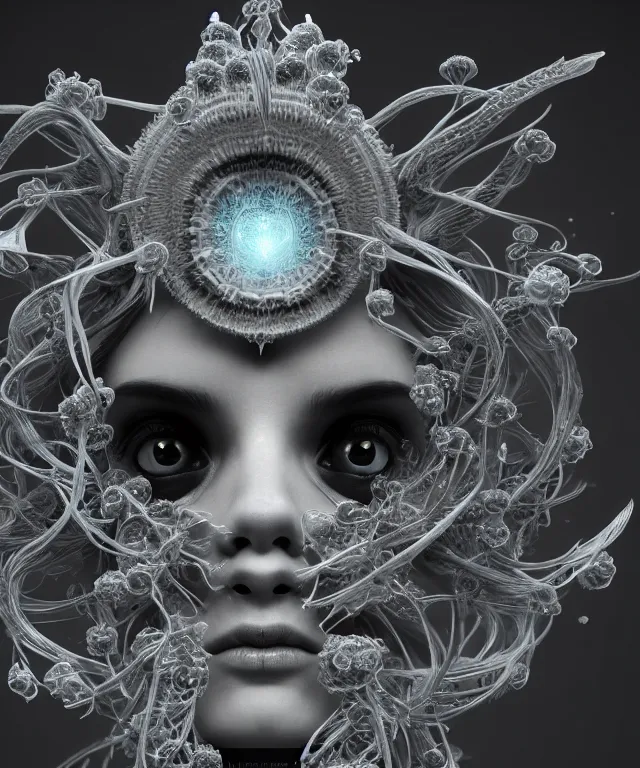 Prompt: symmetrical, centered, goddess close-up portrait wigh crown made of skulls. betta fish, phoenix, bioluminiscent creature, intricate artwork by Tooth Wu and wlop and beeple. octane render, trending on artstation, greg rutkowski very coherent symmetrical artwork. cinematic, hyper realism, high detail, octane render, 8k