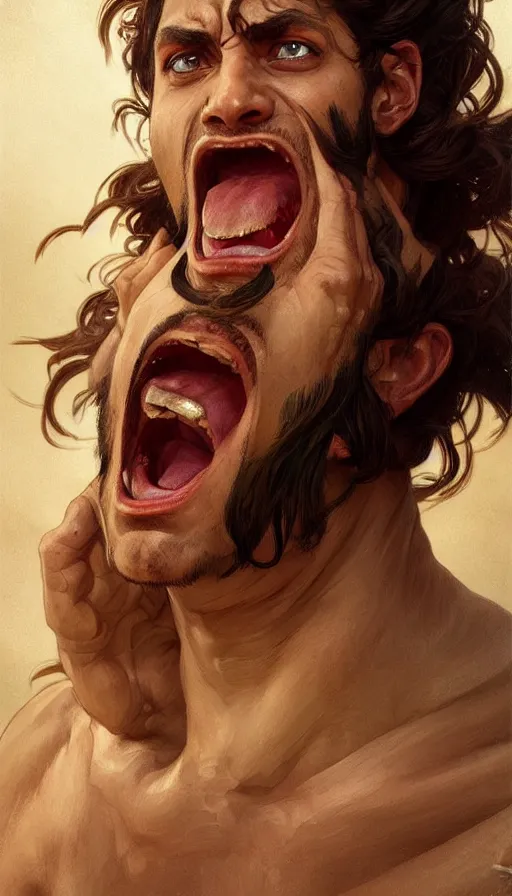Prompt: portrait of classical greek hero screaming with huge eyes, dreamy and ethereal, intricate, elegant, highly detailed, digital painting, artstation, concept art, smooth, sharp focus, illustration, art by artgerm and greg rutkowski and alphonse mucha