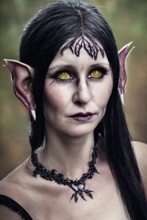 Prompt: highly detailed close up, elder ring, portrait photo of female forest elf black hair, purple eyes, black dress, with scar dramatic light, 8 k, by william didier