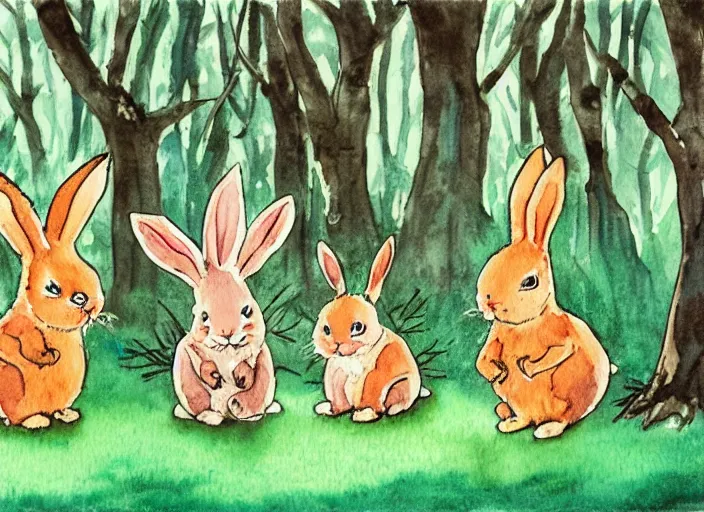 Prompt: old kids book illustration of bunnies doing a demonic ritual in a small cute forest. watercolor painting.