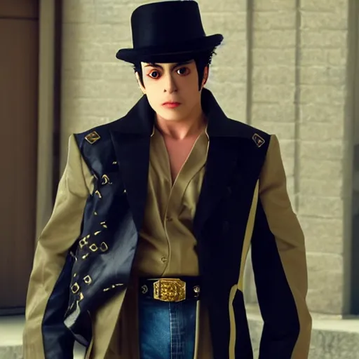 Prompt: a photograph of jotaro kujoh from a live action version of jojo's bizarre adventure, filmic, cinematographic