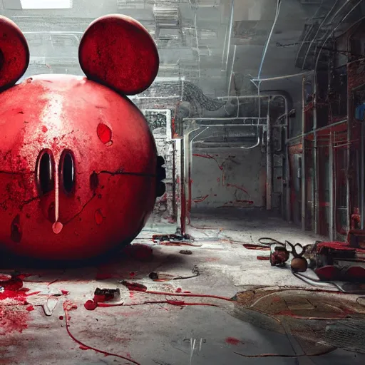 Image similar to a giant mickey mouse head, factory floor, dissected by a group of network executives, octane render, cgstation, 3 d render, very detailed, mindblowing, blood and guts, gritty, cyberpunk, red and cinematic lighting, hyper realism