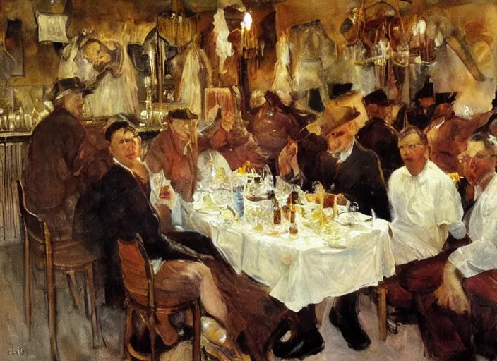 Image similar to men having dinner, singing, roaring twenties, cellar, masterpiece, torches on wall, meat, wine, schnapps, smoking cigars, scantily clad blondes, oil painting by anders zorn and carl larsson, art nouveau