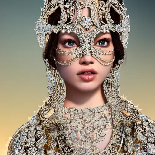 Image similar to portrait of pretty princess with perfect skin, glowing, ornate and intricate diamond jewelry, jaw dropping beauty, ornate and intricate backdrop, white accent lighting, hyper detailed, 4 k octane render