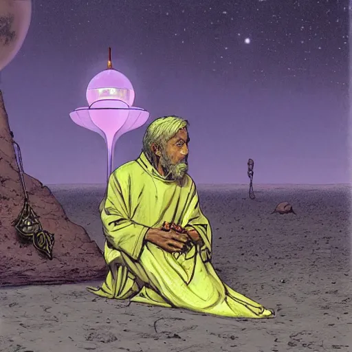 Image similar to Beggar priest in busy spaceport on luna 5 colony. Concept art by James Gurney and Mœbius.