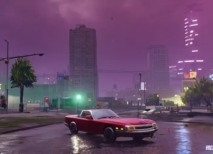 Image similar to still next - gen ps 5 game grand theft auto 6 2 0 2 4 remaster, graphics mods, rain, red sunset, people, rtx reflections, gta vi, moscow, soviet apartment buildings, photorealistic screenshot, unreal engine, 4 k, 5 0 mm bokeh, close - up old lada, gta vice city remastered, artstation