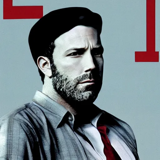 Image similar to sad ben affleck wearing checkered shirt and white cap, soviet movie poster