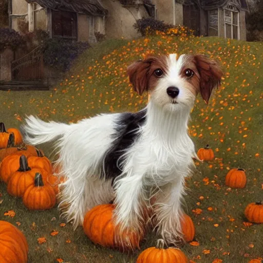 Image similar to a very cute scruffy long haired jack russell terrier puppy, white with chocolate brown spots and a brown patch over both eyes, amidst piles of pumpkins. halloween autumn fall art. beautiful painting by artgerm and greg rutkowski and alphonse mucha