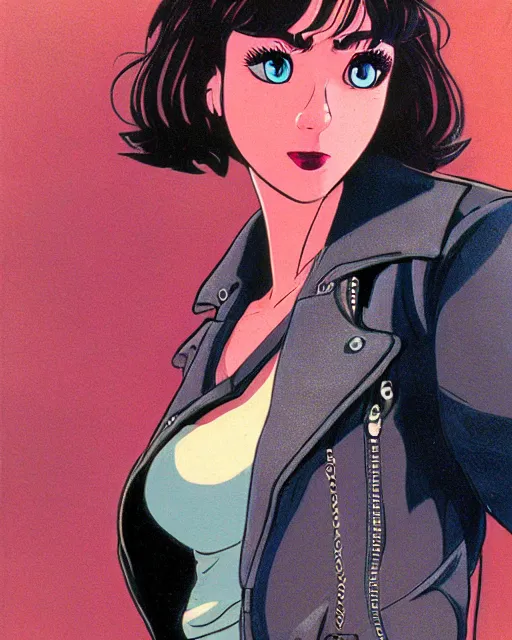 Image similar to portrait of an attractive young female protagonist wearing leather jacket, center focus, in city street, detailed artwork by ralph bakshi