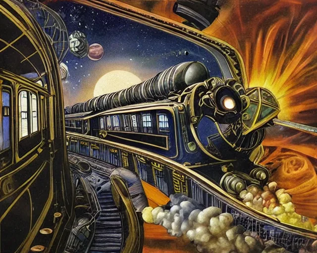 Image similar to Space with steampunk train in space, by michelangelo