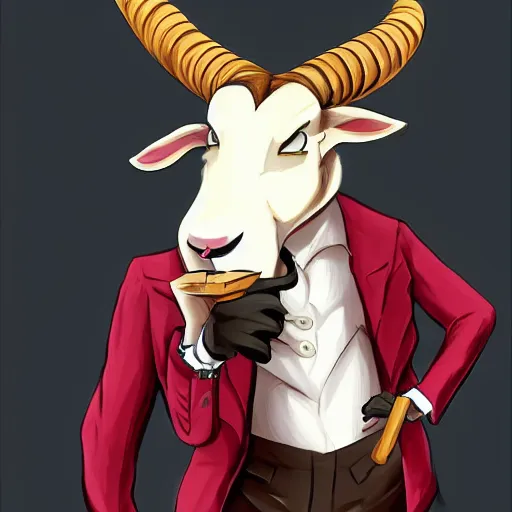 Image similar to award winning character art commission of an anthro furry humanoid goat smoking a cigar, three piece suit, character concept design, painting, detailed, vivid, trending on artstation