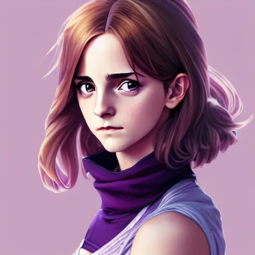Prompt: Anime as Emma Watson playing Hermione Granger, hourglass slim figure, purple hair, attractive features, tight fitted tank top, body portrait, slight smile, highly detailed, digital painting, artstation, concept art, sharp focus, illustration, art by WLOP and greg rutkowski and alphonse mucha and artgerm
