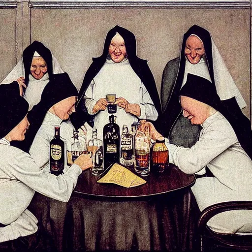 Image similar to a group of nuns enjoying themselves at an adult bar, low light, whiskey bottles, by Norman Rockwell