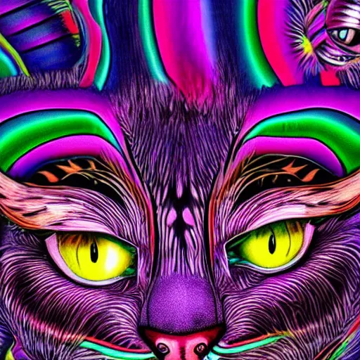 Image similar to psychedelic, photorealistic, colorfully cheshire cat in a maximalist style on a background that fades to black