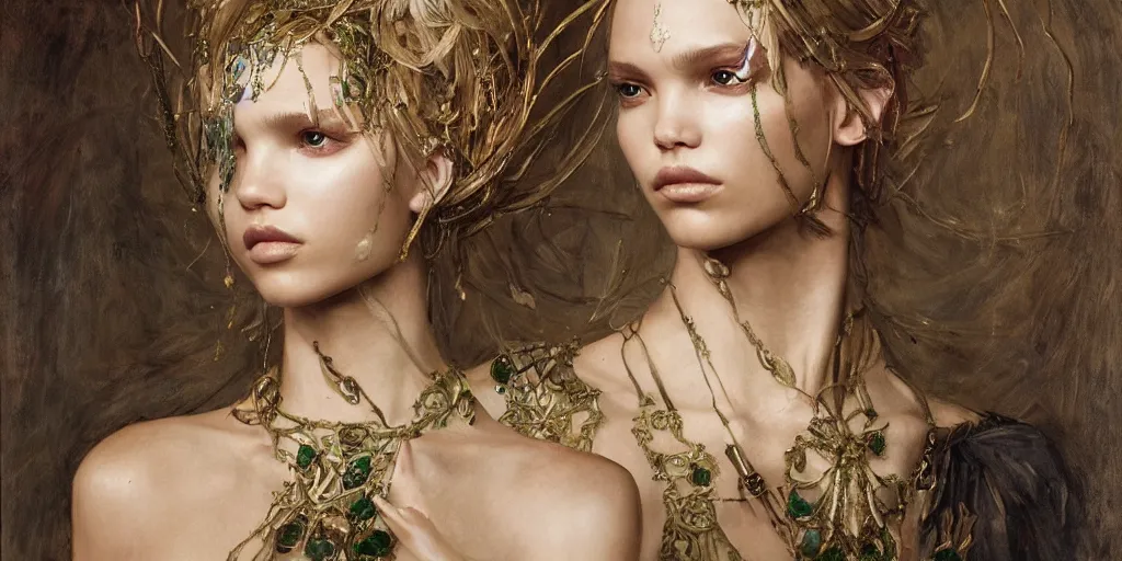 Image similar to epic masterpiece portrait of warrior played by sasha luss, followed by head with many souls, beautiful face and flawless skin, perfect hands, emeralds by Edgar Maxence and Ross Tran and Michael Whelan