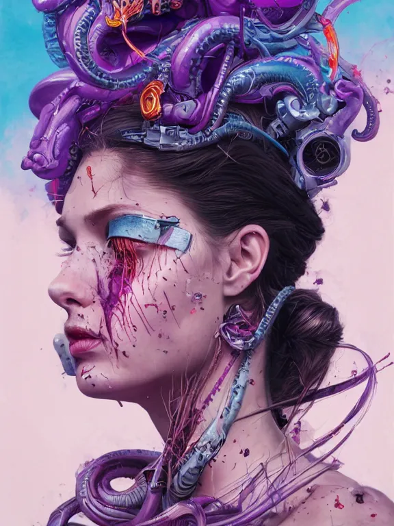 Prompt: art portrait of a furious girl with purple tentacles on her head,8k,by tristan eaton, Stanley Artgermm,Tom Bagshaw,Greg Rutkowski,Carne Griffiths,trending on DeviantArt,face enhance,hyper detailed,minimalist,cybernetic, ,full of colour