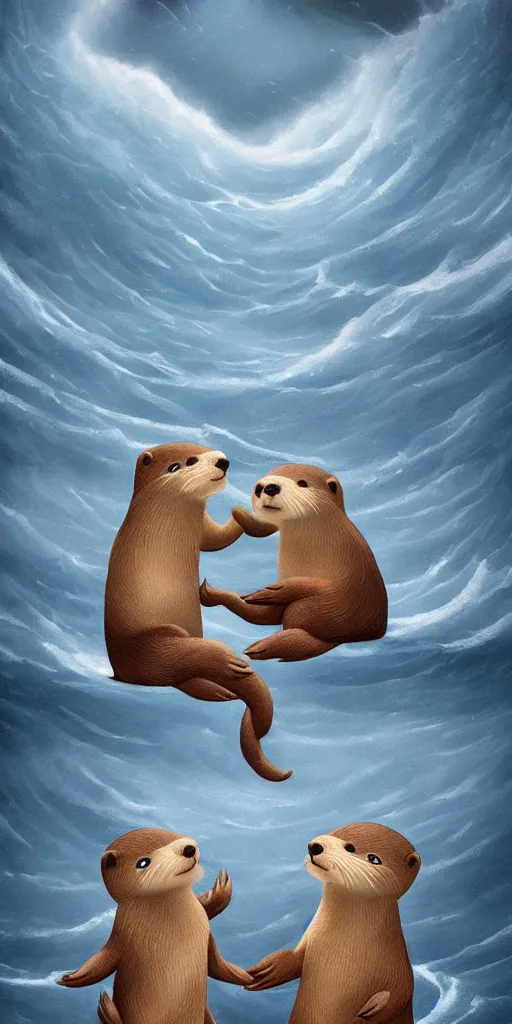 Prompt: two adorable otters falling in love holding hands side by side, all alone in the middle of a scary storm at sea, fantasy illustration, cinematic, award winning, romantic, detailed trending on artstation, masterpiece