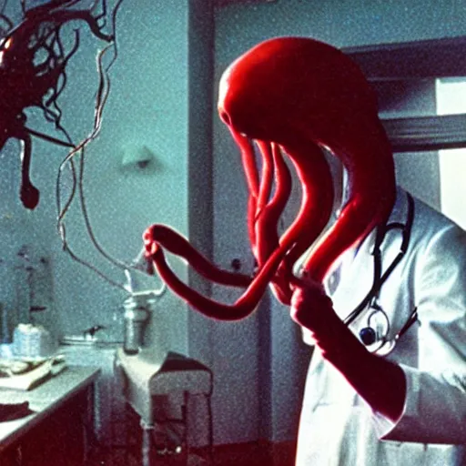 Image similar to filmic extreme realistic wide shot dutch angle movie still 35mm film color photograph of a doctor being decapitated by a spiney alien tendril