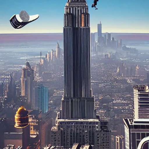 Prompt: A giant minion minion climbing the empire state building holding a Large paper airplane, by james gurney, disney and Dan hillier, 8k, artstation
