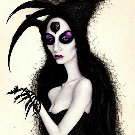 Image similar to portrait soft light, goth woman as mysterious supervillain and and black veil and modestly clothed victorian goth, black feathers instead of hair, black wings instead of arms, gray mottled skin, black feathers growing out of skin, transforming, by tim burton and brian froud, inspired by flash gordon, paintbrush, rough paper, fine,