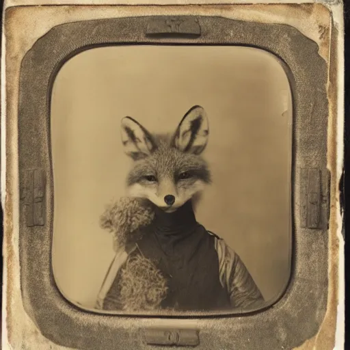 Image similar to a wet plate photo of an anthropomorphic fox dressed as maid marian - h 7 6 0