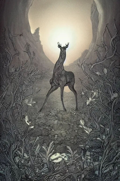 Prompt: silver deer, in the style of Greg Broadmore and Arthur Rackham and Moebius,trending on artstation, light lighting side view,digital art,surrealism ,macro,blueprint ,vaporwave ,