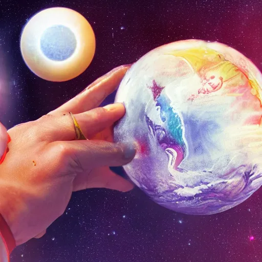 Prompt: yoga instructor holding a planet in her hands in space, trending on art station, cinematic shot, magical, 8 k