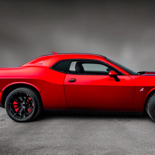 Image similar to portrait of a woman with long black hair wearing red clothing standing next to a red 2021 dodge challenger r/t, highly detailed car, highly detailed face, beautiful, 8k, realistic, professional photography, car magazine, close up shot, trending,