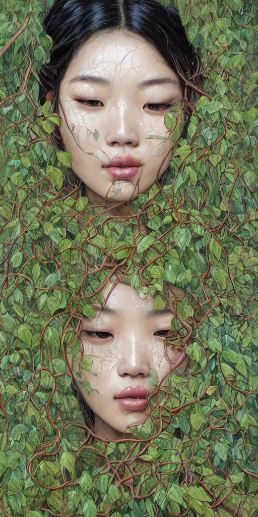 Image similar to very beautiful highly detailed and expressive oil painting of an asian woman's face dissolving into vines and plants by james jean, by kim jung gi, masterpiece, dynamic lighting, intricate linework, 8 k, flowers